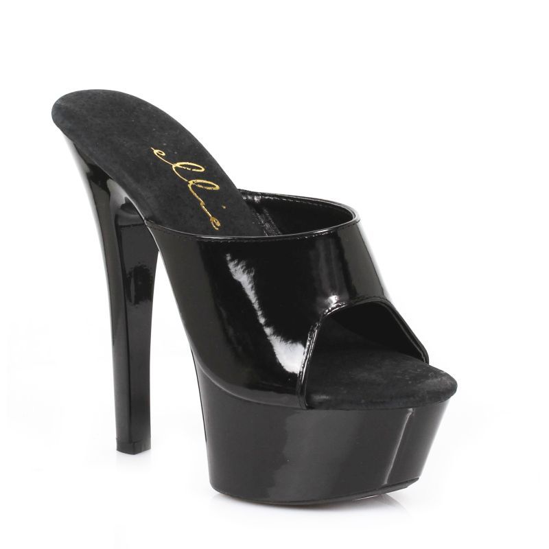 Elegant black slip on sandals featuring 6" stilettos for sophisticated evening wear.