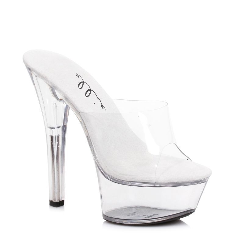 Clear slip on sandals with 6" stilettos, perfect for stylish evening wear and elegance.