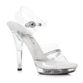 Clear rhinestone heels with 5-inch heel, featuring a clear upper and sparkling rhinestones for a glamorous look.