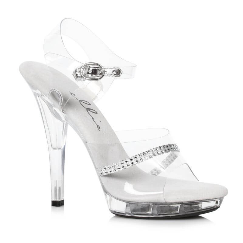 Clear rhinestone heels with 5-inch heel, featuring a clear upper and sparkling rhinestones for a glamorous look.
