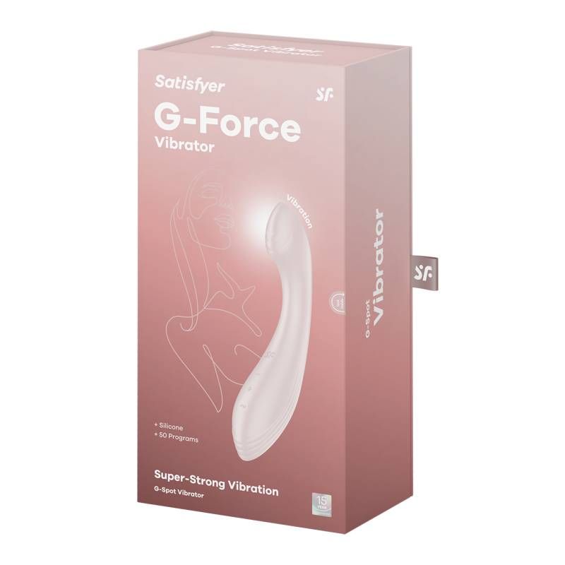Satisfyer G-Force Beige packaging featuring super-strong vibration and G-Spot stimulation capabilities.