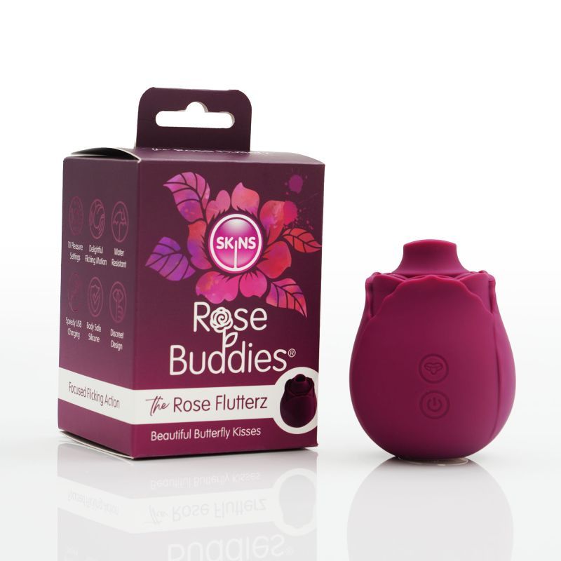 Skins Rose Buddies The Rose Flutterz, a clitoral vibrator with flicking action in rose design, water resistant, 10 modes.