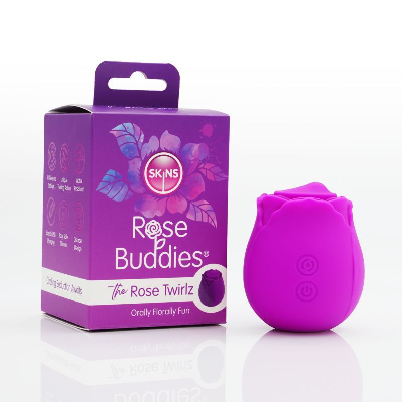 Skins Rose Buddies clitoral stimulation rose toy in purple with packaging showcasing features and design.