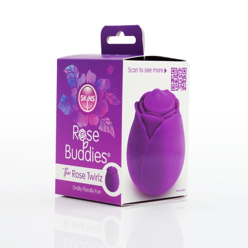 Skins Rose Buddies The Rose Twirlz packaging, designed for clitoral stimulation rose toy. Features vibrant purple silicone design.