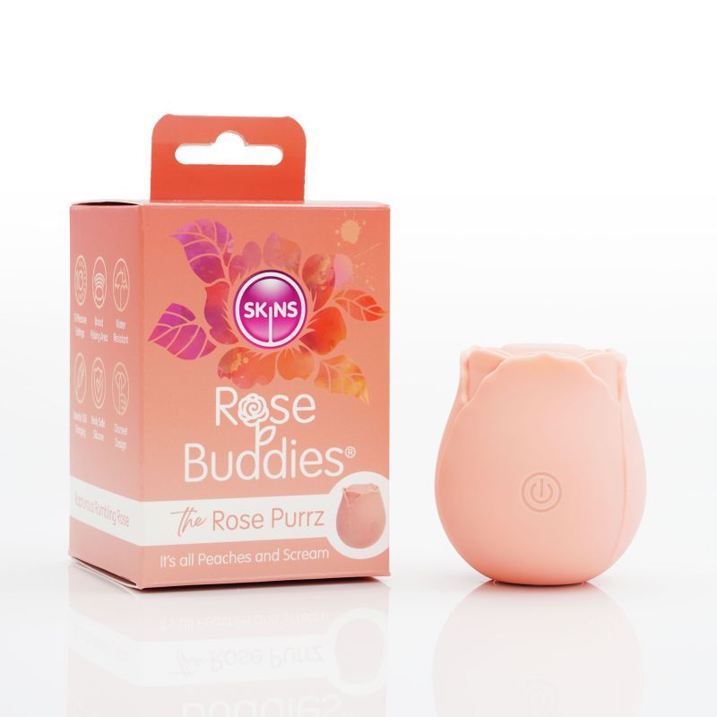 Skins Rose Buddies The Rose Purrz vibrator with packaging, showcasing its design and features for pleasure.
