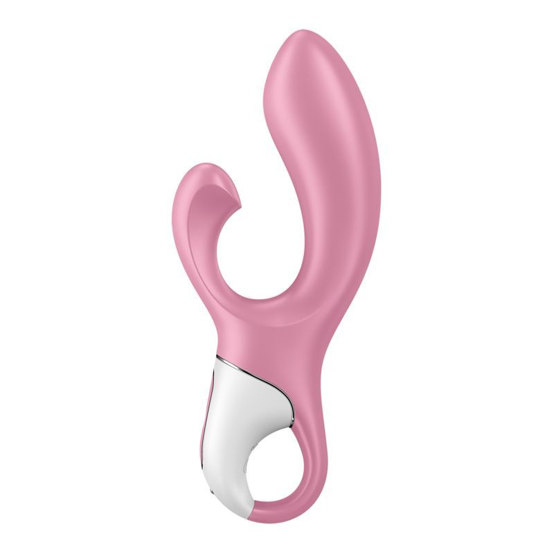 Satisfyer Air Pump Bunny 2 vibrator in pink with an inflatable shaft and dual vibration controls.