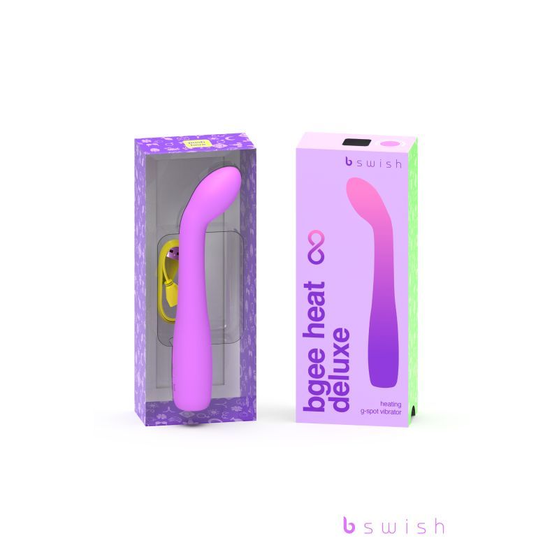 bgee heat infinite deluxe heated silicone vibrator in vibrant purple packaging