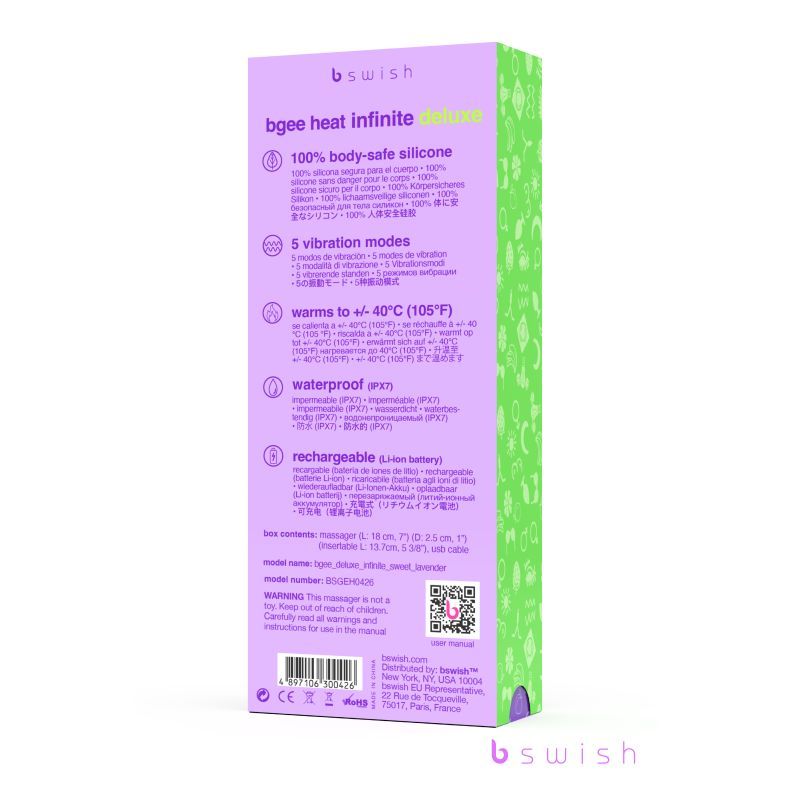 Bgee Heat Infinite Deluxe heated silicone vibrator packaging showcasing features and specifications.