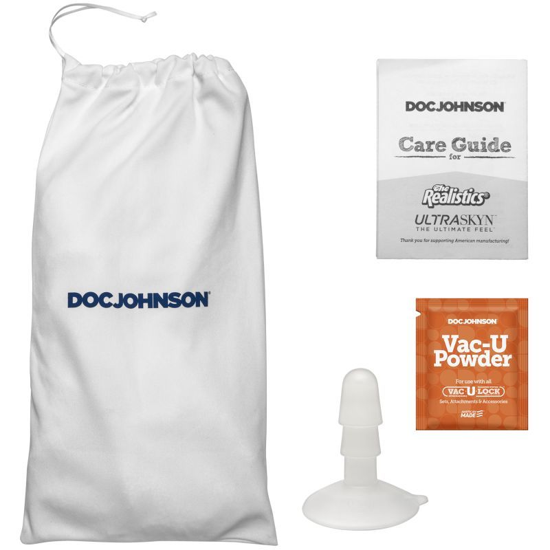 Codey Steele 8in Ultraskyn Cock w Removable Vac-U-Lock Suction Cup Vanilla accessories including care guide and powder.