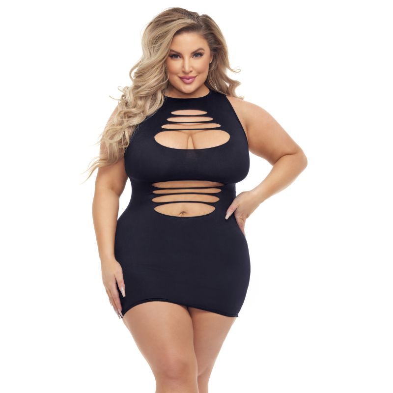 Cant Commit Dress Black - black mini dress with sexy back showcasing stylish slits and form-fitting design.