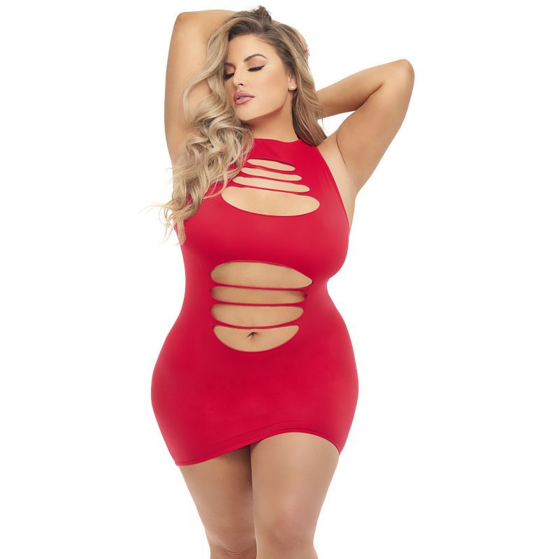Model showcasing a red dress with cut-outs, emphasizing a sleek silhouette and a bold fashion statement.