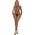 Crotchless diamond net bodystocking in black on a model showcasing its ultra-sexy design and wide openings.