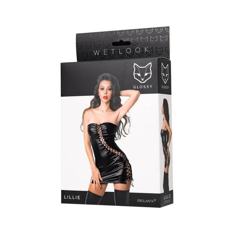 Glossy Lillie Dress packaging featuring a model in a sexy tied cut-out black dress from the Wetlook collection.
