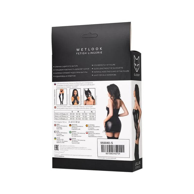 Glossy Lillie Dress packaging showcasing wetlook fetish lingerie details and features.