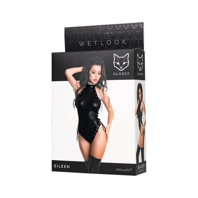 Glossy Eileen Bodysuit packaging showcasing the glossy finish and adjustable design, perfect for intimate essentials for her.