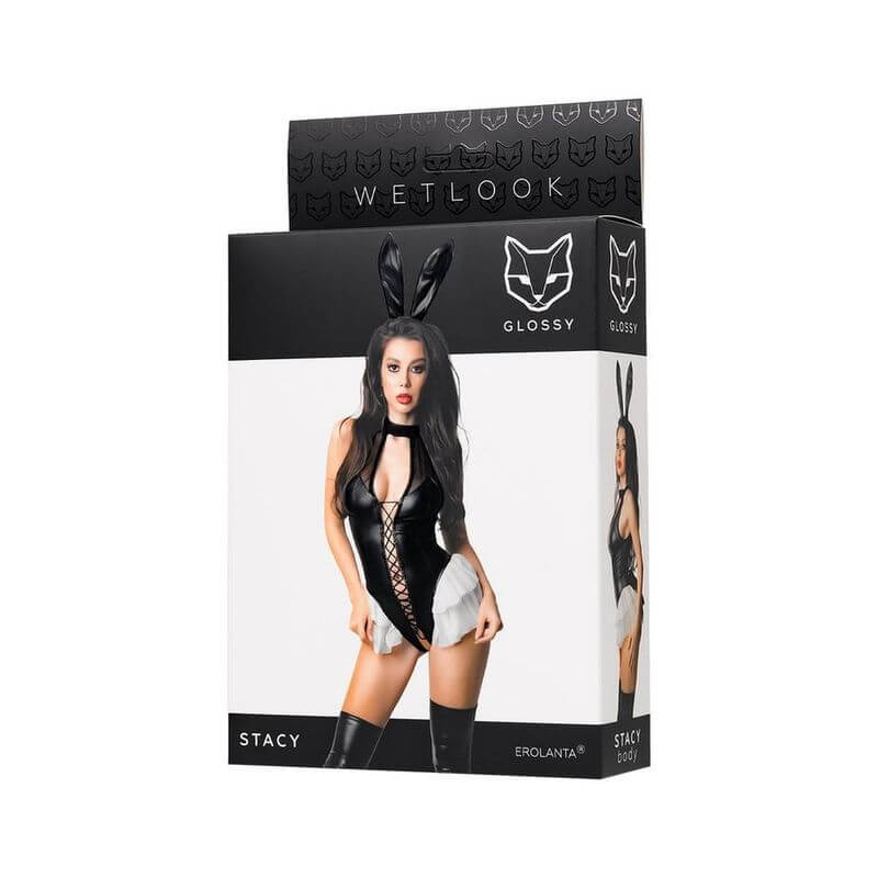 Glossy Stacy Bodysuit packaging featuring a model wearing a glossy bodysuit with bunny tail and bunny ears.