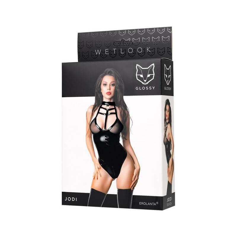 Glossy Jodi Bodysuit packaging featuring a model in a glossy black bodysuit with strappy detailing.