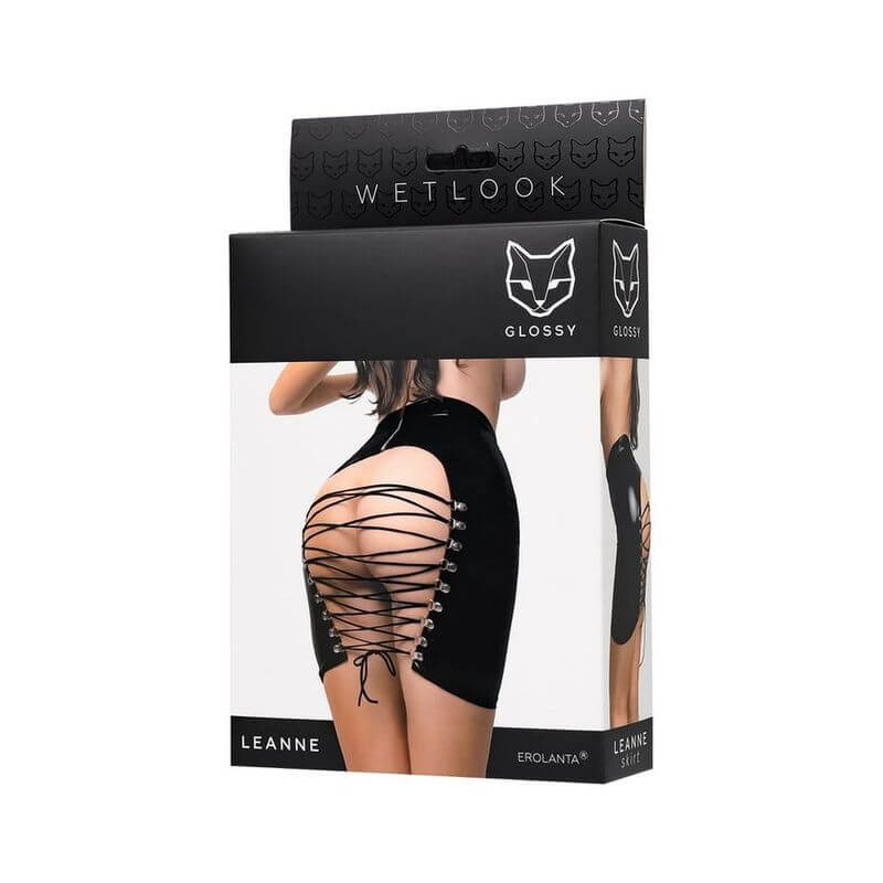 Glossy Leanne Mini Skirt packaging showing a sexy black wetlook mini skirt with strappy tie up open back.