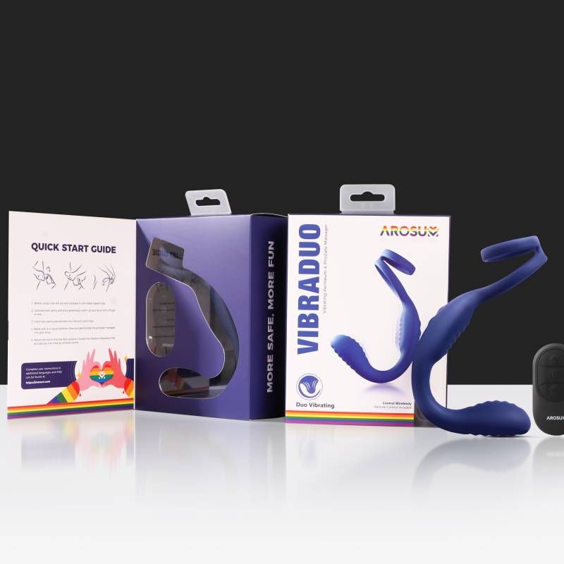 VibraDuo Vibrating Anal Probe and Perineum Stim with Cockring product packaging and remote control.