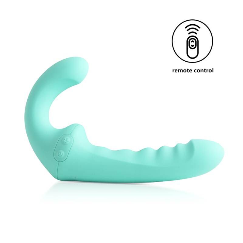 VibraTwin rechargeable strapless strap on vibrator with remote control, premium silicone for dual pleasure.