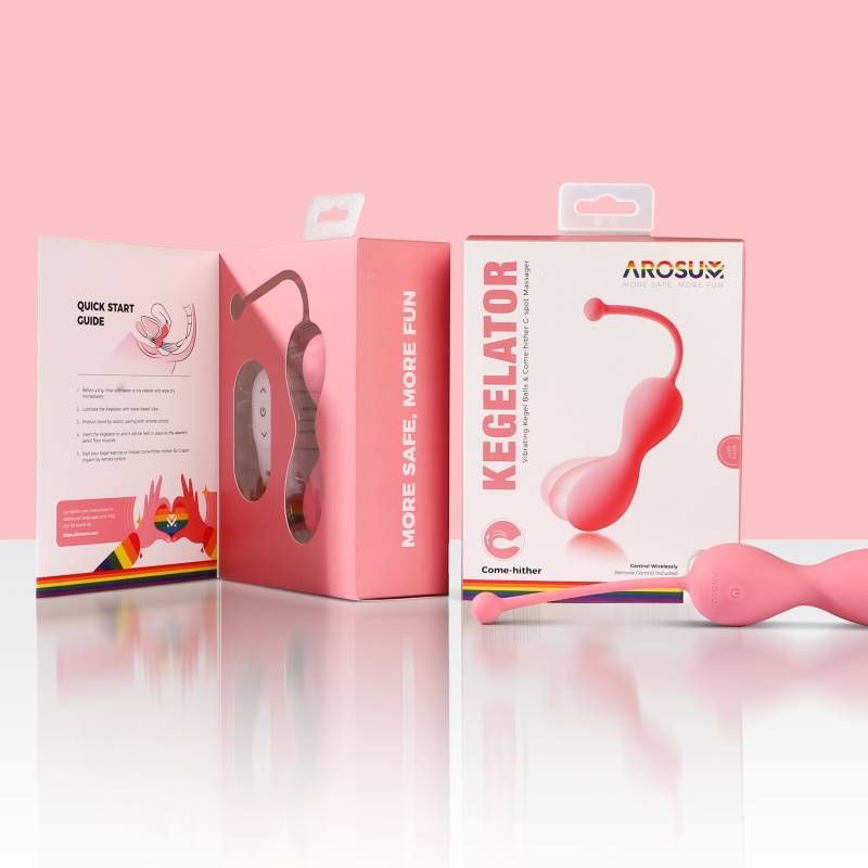 Kegelator Duo vaginal balls and remote, with packaging and quick start guide for remote kegel balls.