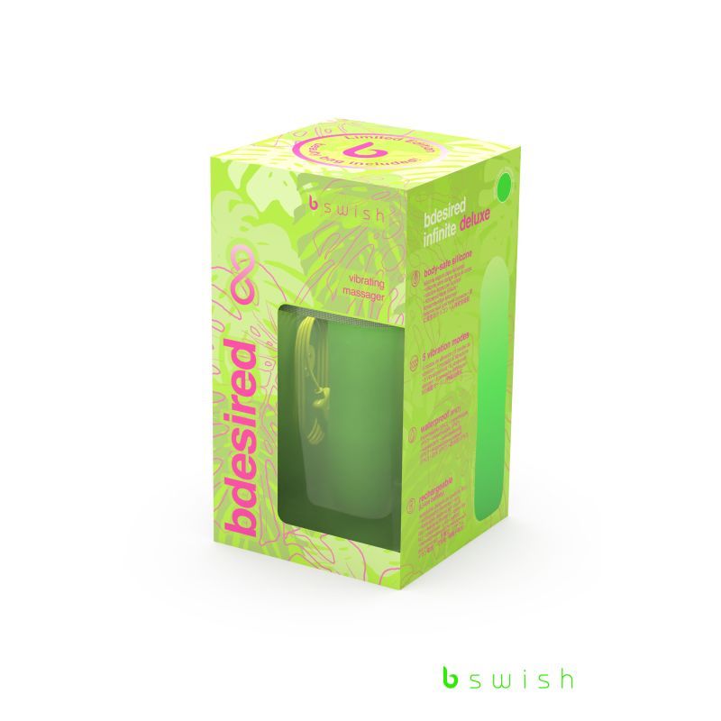 Bdesired Infinite Deluxe Paradise Green packaging for USB rechargeable waterproof vibrator.