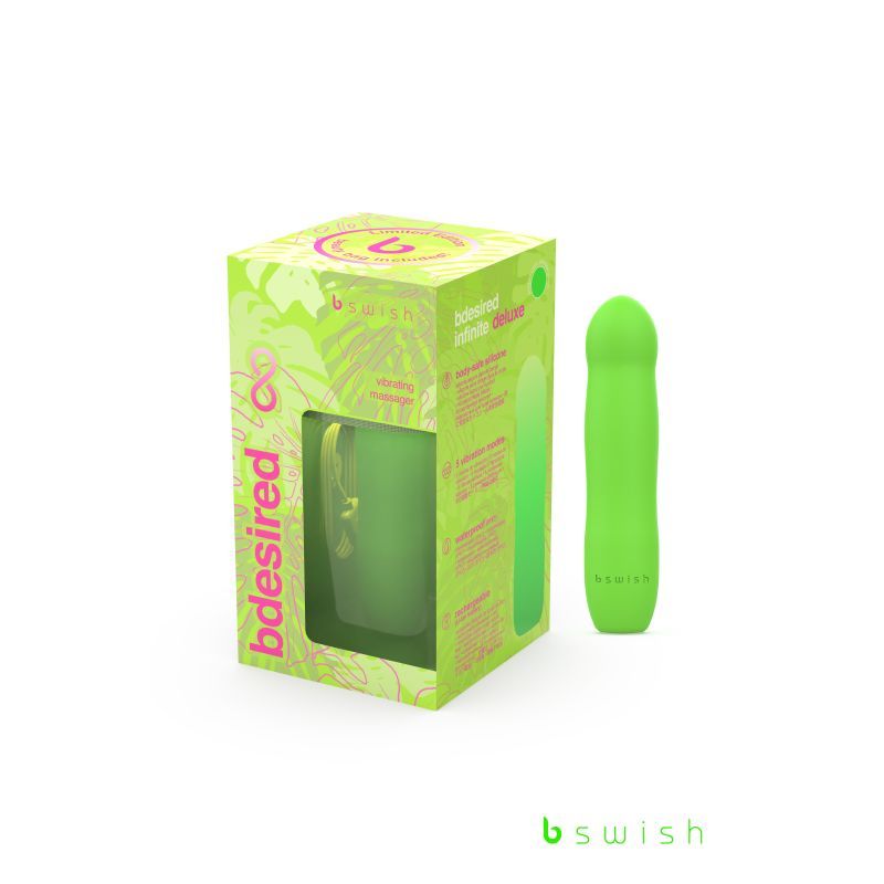 Bdesired Infinite Deluxe Paradise Green vibrator in packaging, USB rechargeable, IPX7 waterproof, intimate essentials for her.