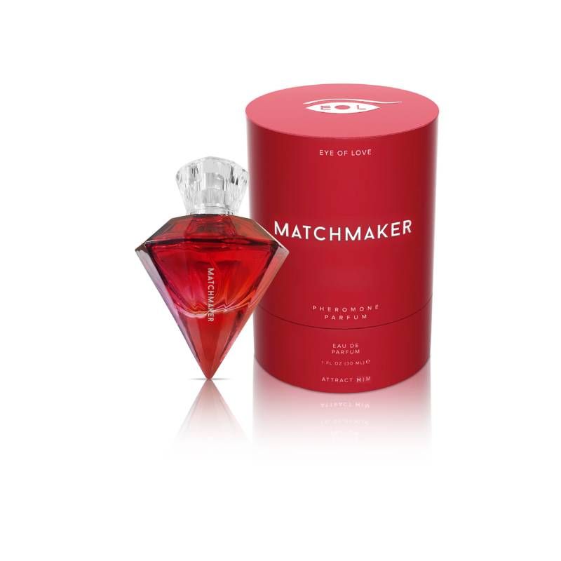Matchmaker Pheromone Body Spray for attraction in a luxurious diamond-shaped bottle with red packaging.