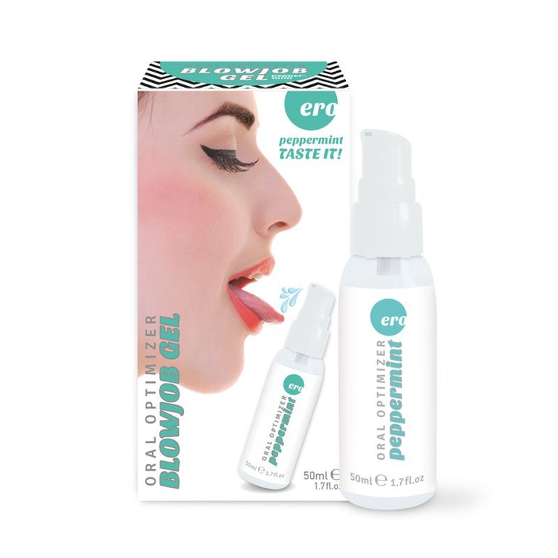 Oral Optimizer Blowjob Gel Peppermint 50ml with packaging and woman licking her tongue, enhances oral pleasure and lubrication.
