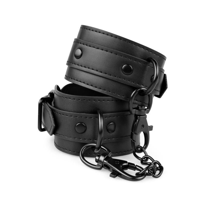 Faux Leather Ankle Cuffs Black for intimate essentials, adjustable cuffs with clip closures and a chain.