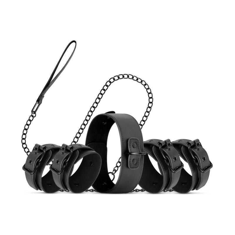 Total Restraint Complete Set Black featuring a collar with leash and adjustable handcuffs and ankle cuffs.