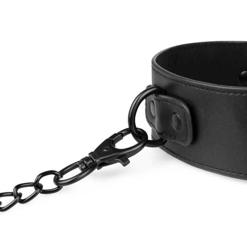 Total Restraint Complete Set Black collar with chain for BDSM play, made of durable synthetic leather.