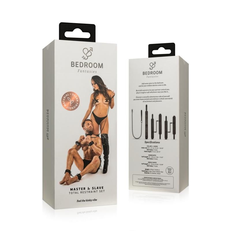 Total Restraint Complete Set Black packaging featuring master and slave design for intimate play