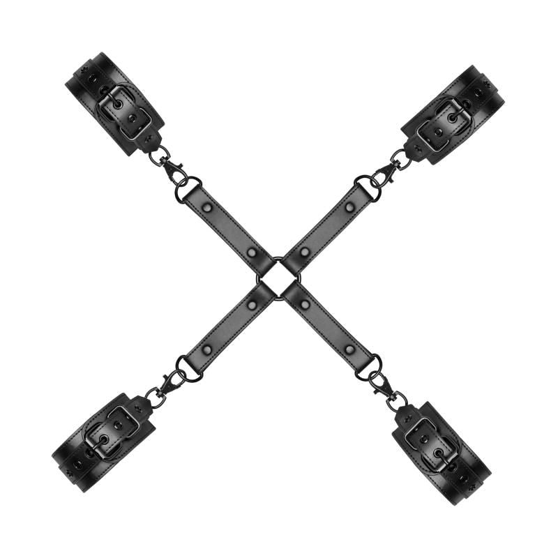 Hogtie with Hand and Ankle Cuffs made of sturdy faux leather and metal for intimate play.