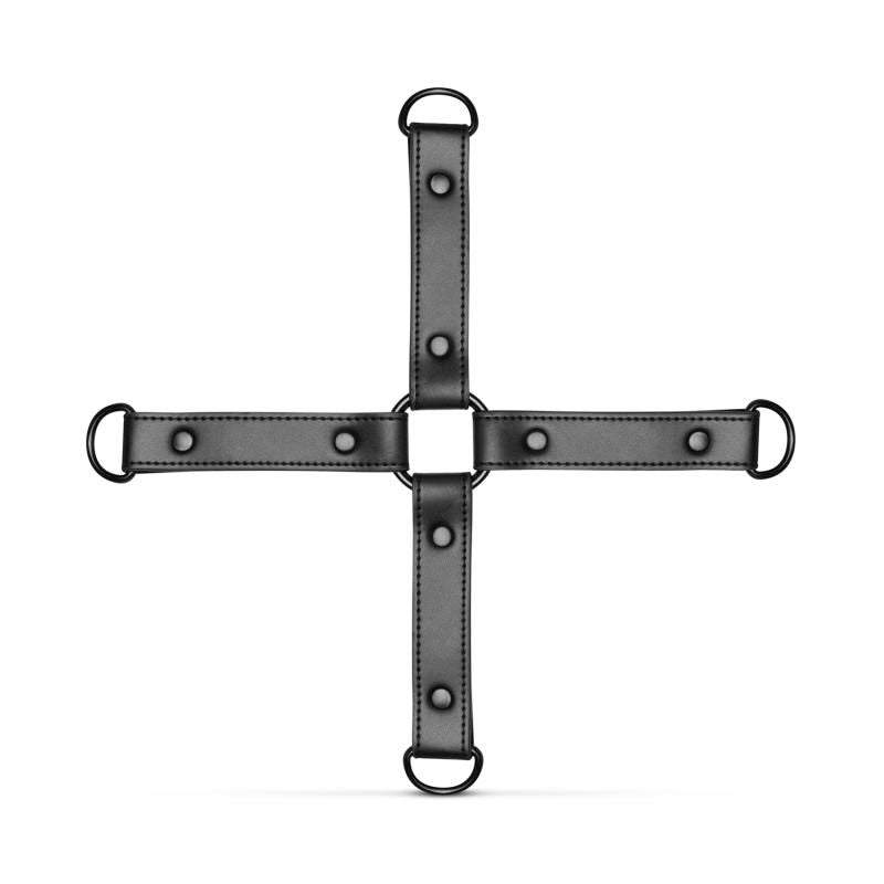Hogtie with Hand and Ankle Cuffs made of durable faux leather and metal, designed for intimate fantasies.
