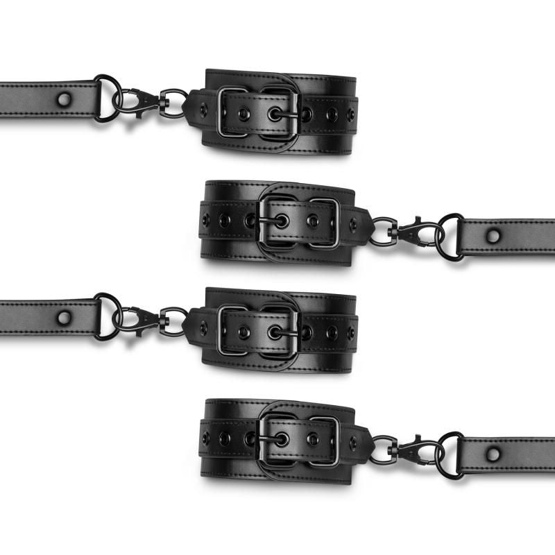 Hogtie with Hand and Ankle Cuffs featuring adjustable black faux leather cuffs and sturdy clip closures.