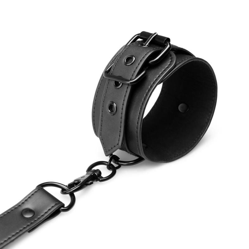 Hogtie with Hand and Ankle Cuffs made of durable faux leather, featuring adjustable wrist cuff with clip closure.