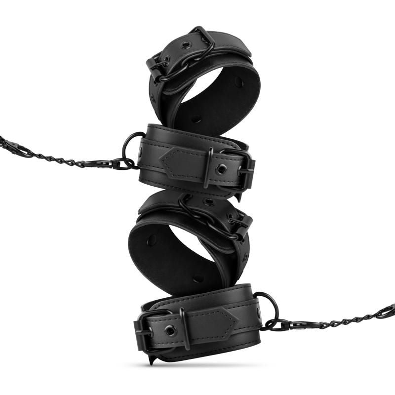 Kinky Bondage Set 5 Pc Black featuring durable faux leather handcuffs with adjustable straps.