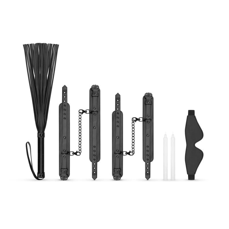 Kinky Bondage Set 5 Pc Black including flogger, handcuffs, ankle cuffs, blindfold, and candles for ultimate BDSM experience.