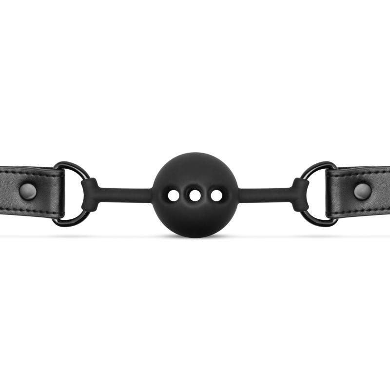 Breathable Silicone Ball Gag Black showing adjustable faux leather straps and open ball design with holes for comfort.