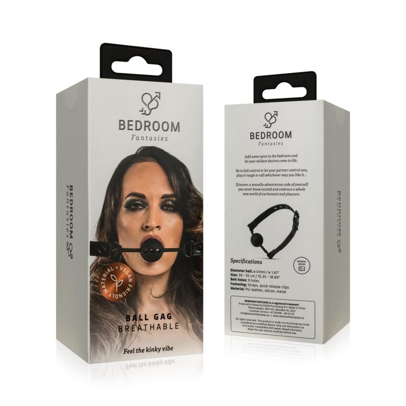 Breathable Silicone Ball Gag Black packaging showcasing a model and specifications for BDSM play.
