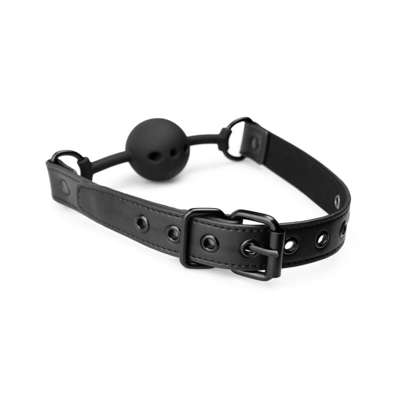 Breathable Silicone Ball Gag Black on adjustable faux leather strap for BDSM play.