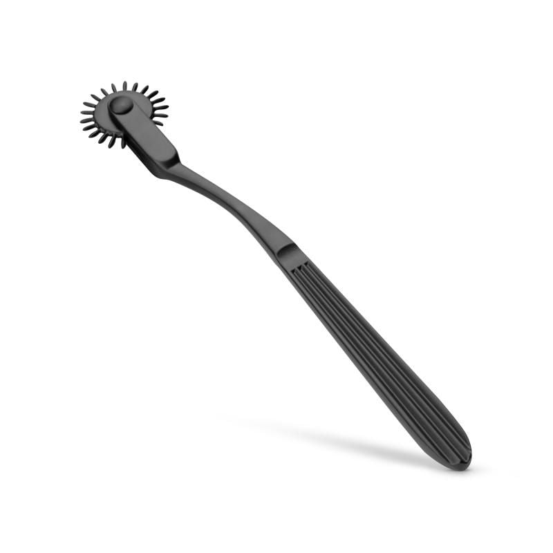 Black Wartenberg pinwheel, aluminum sensation tool for intimate exploration and stimulation.