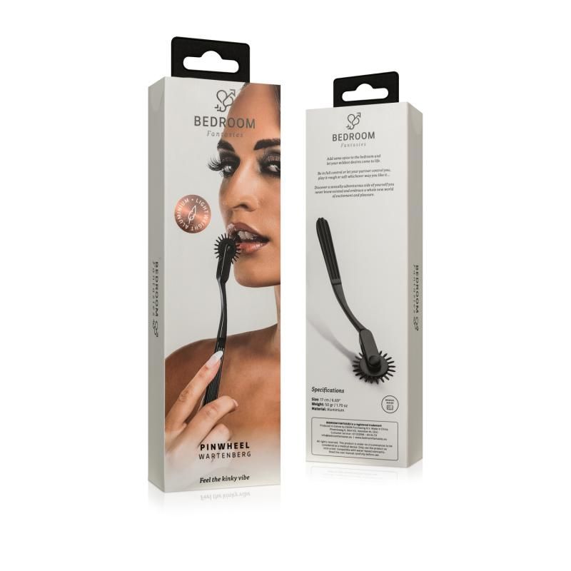 Aluminium Pinwheel Black packaging showcasing a Wartenberg pinwheel for stimulating sensations.