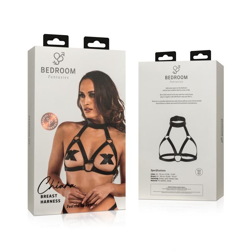 Chiara Bondage Harness Black packaging showcasing adjustable faux leather design for BDSM fantasies.