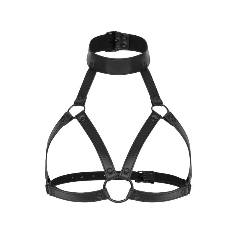 Black bondage harness made of durable faux leather, adjustable fit for enhancing BDSM experiences.