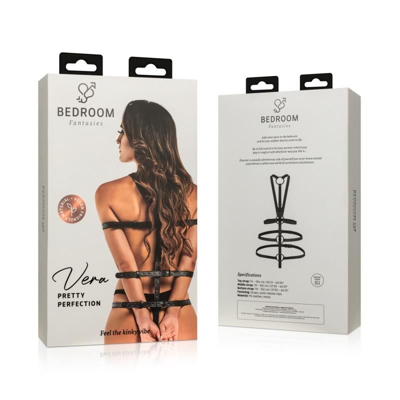 Vera Bondage Harness Black packaging showcasing its design and features for intimate essentials.