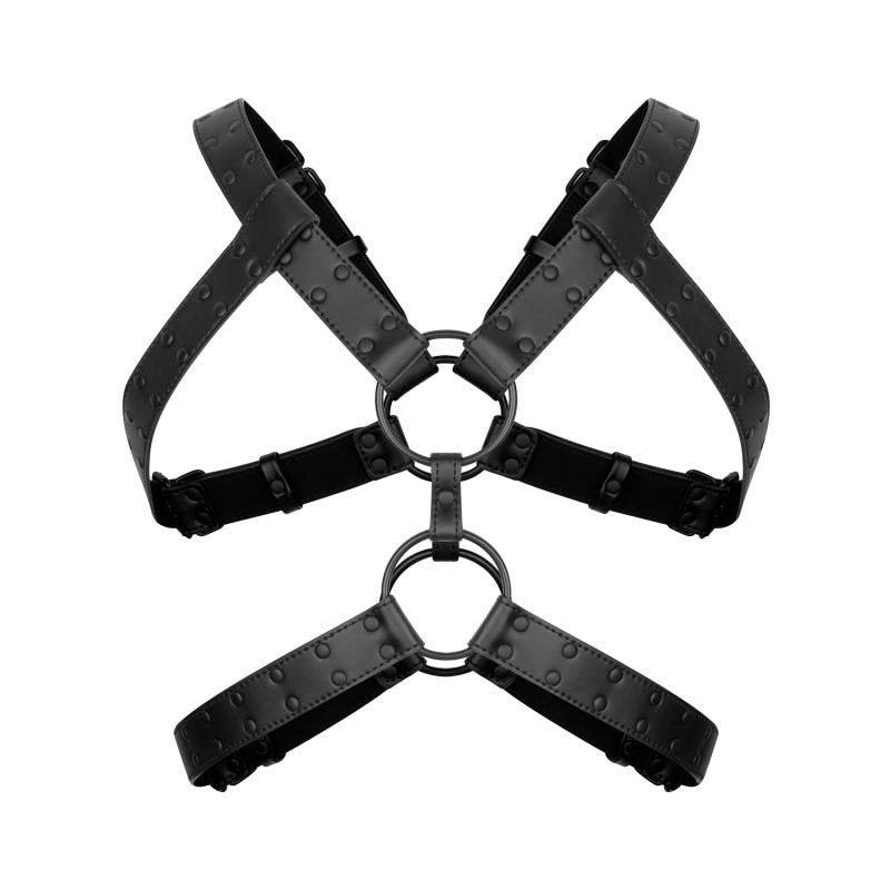 Rocco Bondage Harness Black made of durable faux leather, adjustable straps for ultimate BDSM experience.