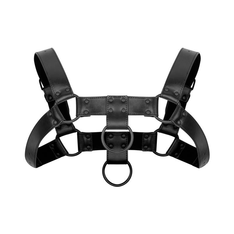 Black adjustable BDSM harness made of durable faux leather, designed for comfort and wild fantasies.