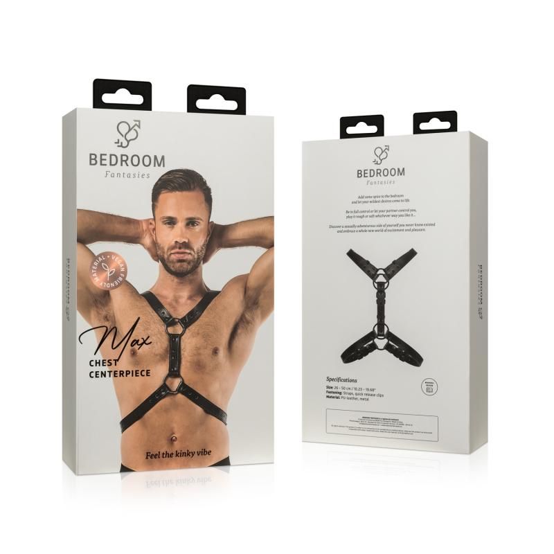 Max Bondage Harness Black packaging showcasing an adjustable BDSM harness for ultimate fantasy experiences.